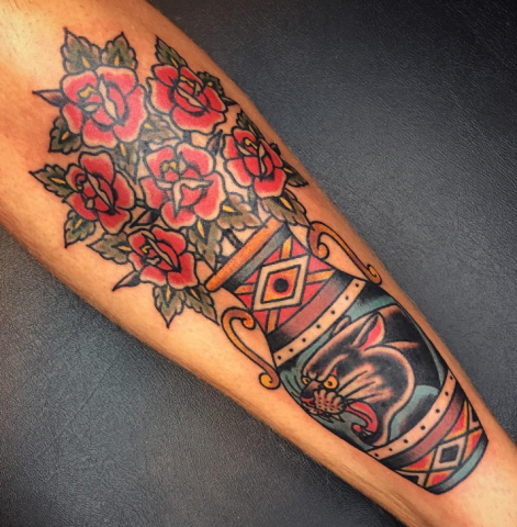 Andy Perez tattoo roses panther old school