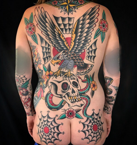 Ross Jones Idle Hand Tattoo old school eagle back skull snake